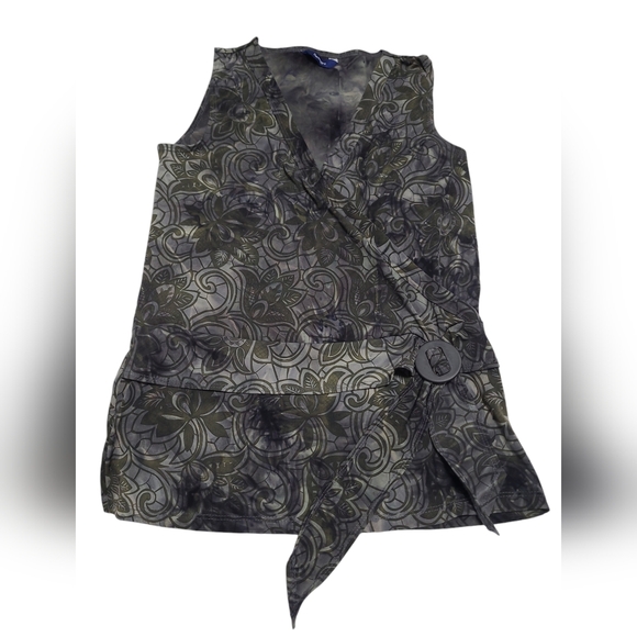 2 FOR💲1️⃣ Reitmans Green/Grey Paisley Floral Print Faux Wrap Sleeveless Blouse - Picture 9 of 11